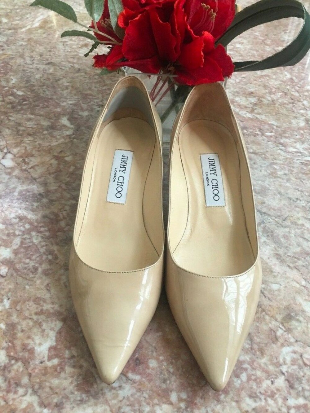 JIMMY CHOO AZA NUDE PATENT LEATHER POINTED TOE PUMP